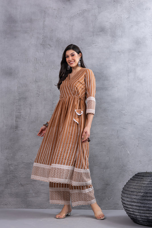 Caramel Brown Angrakha Style Chikankari Kurta set