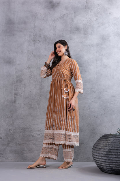 Caramel Brown Angrakha Style Chikankari Kurta set
