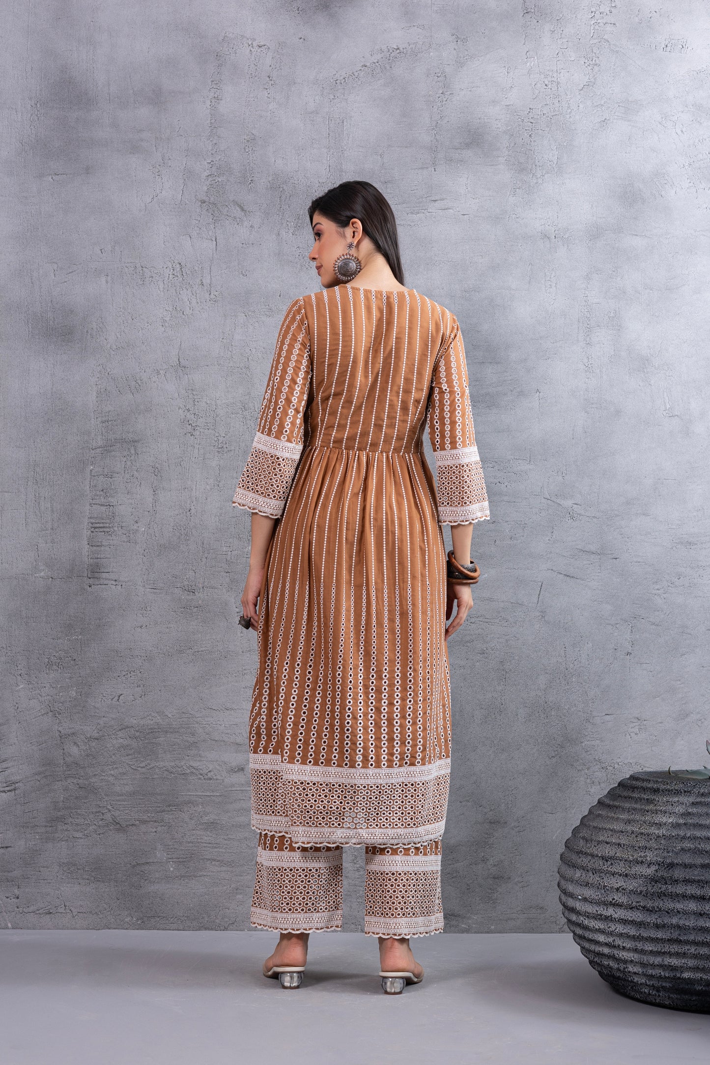 Caramel Brown Angrakha Style Chikankari Kurta set