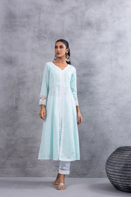 Aqua Lucknowi Chikankari Kurta Set