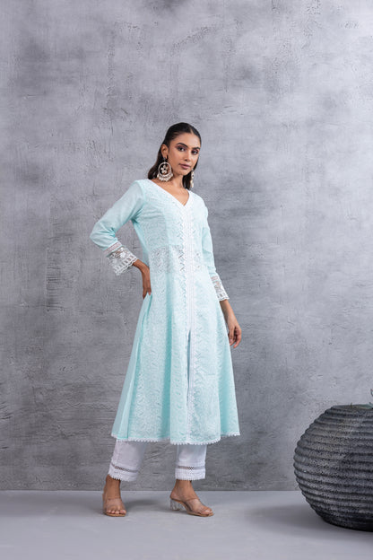 Aqua Lucknowi Chikankari Kurta Set