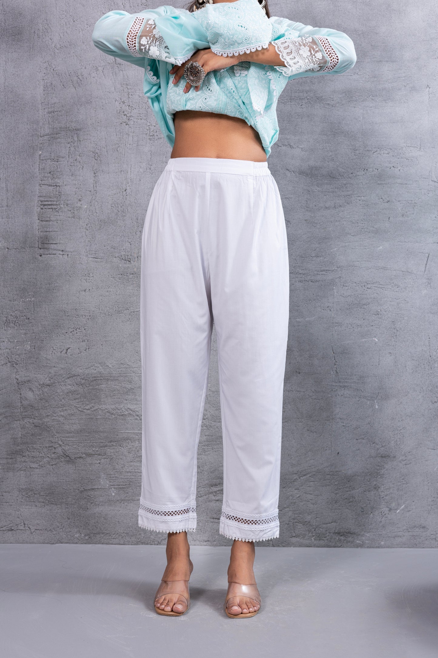 White Cotton Pant With Lace