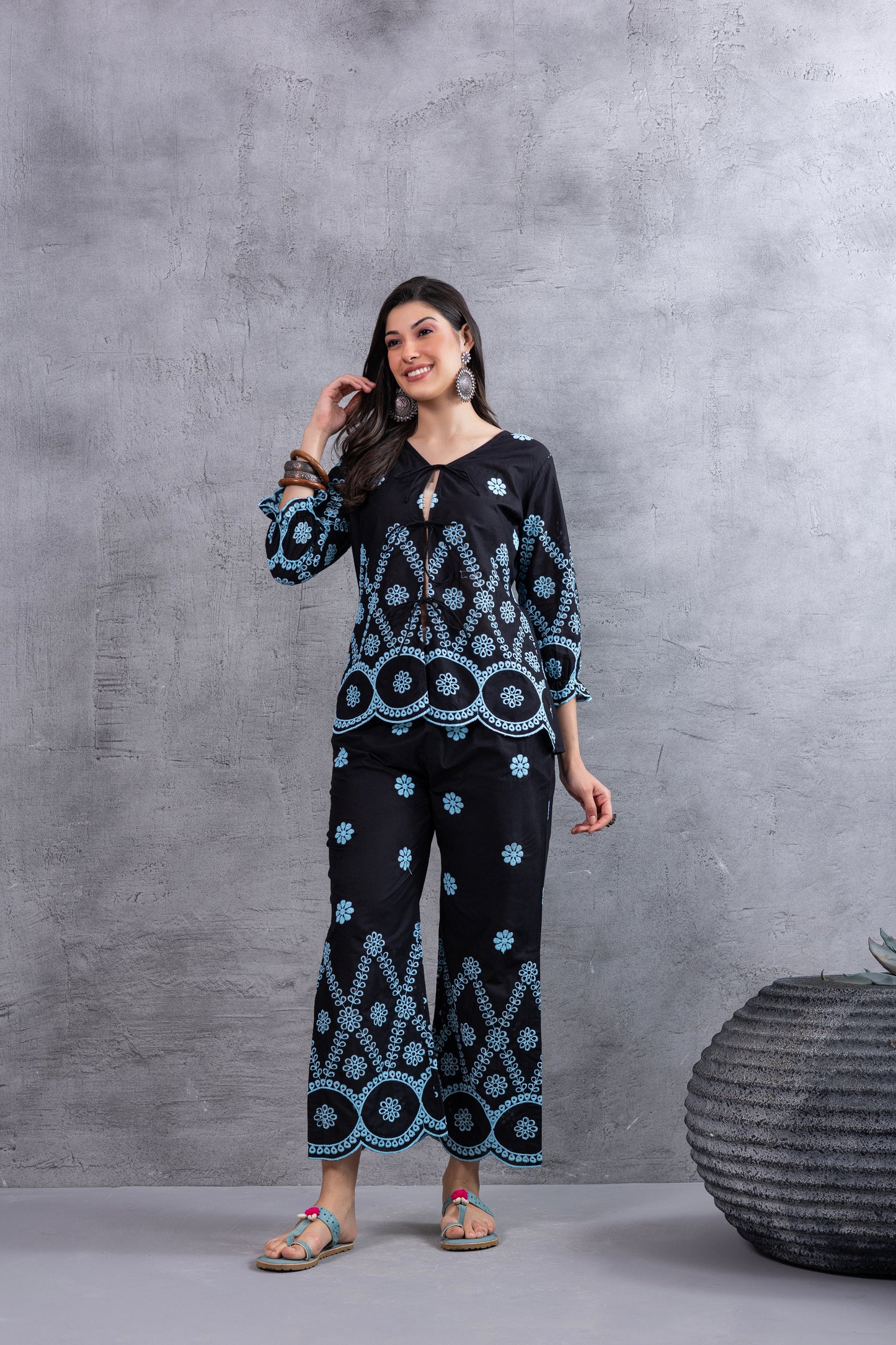 BLACK AND BLUE FLORAL EMBROIDERED CO-ORD SET