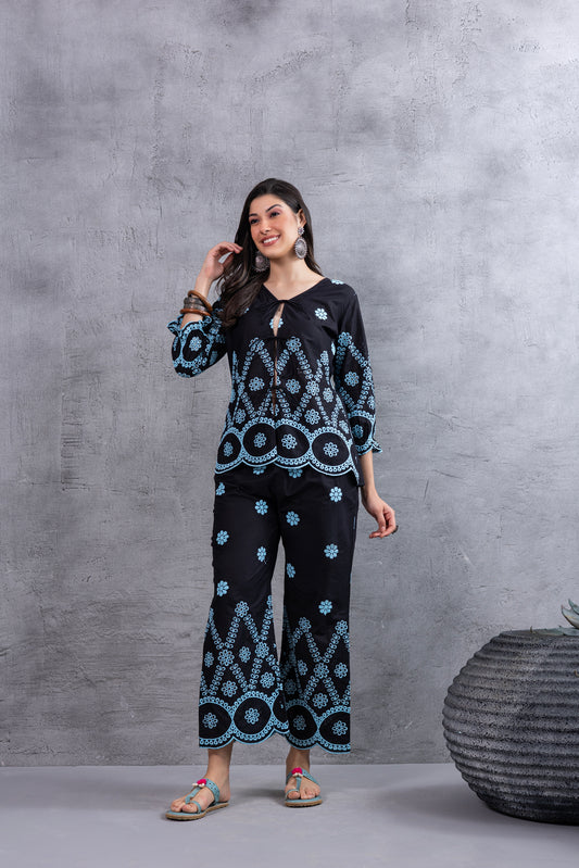 BLACK AND BLUE FLORAL EMBROIDERED CO-ORD SET