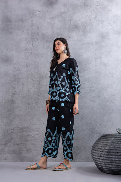 BLACK AND BLUE FLORAL EMBROIDERED CO-ORD SET