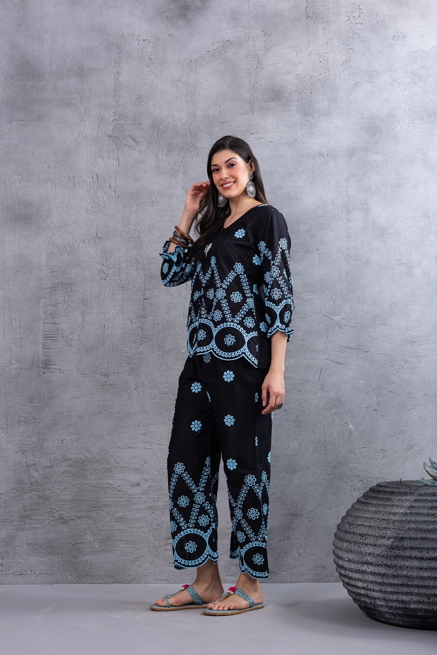 BLACK AND BLUE FLORAL EMBROIDERED CO-ORD SET