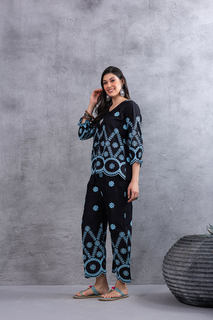 BLACK AND BLUE FLORAL EMBROIDERED CO-ORD SET