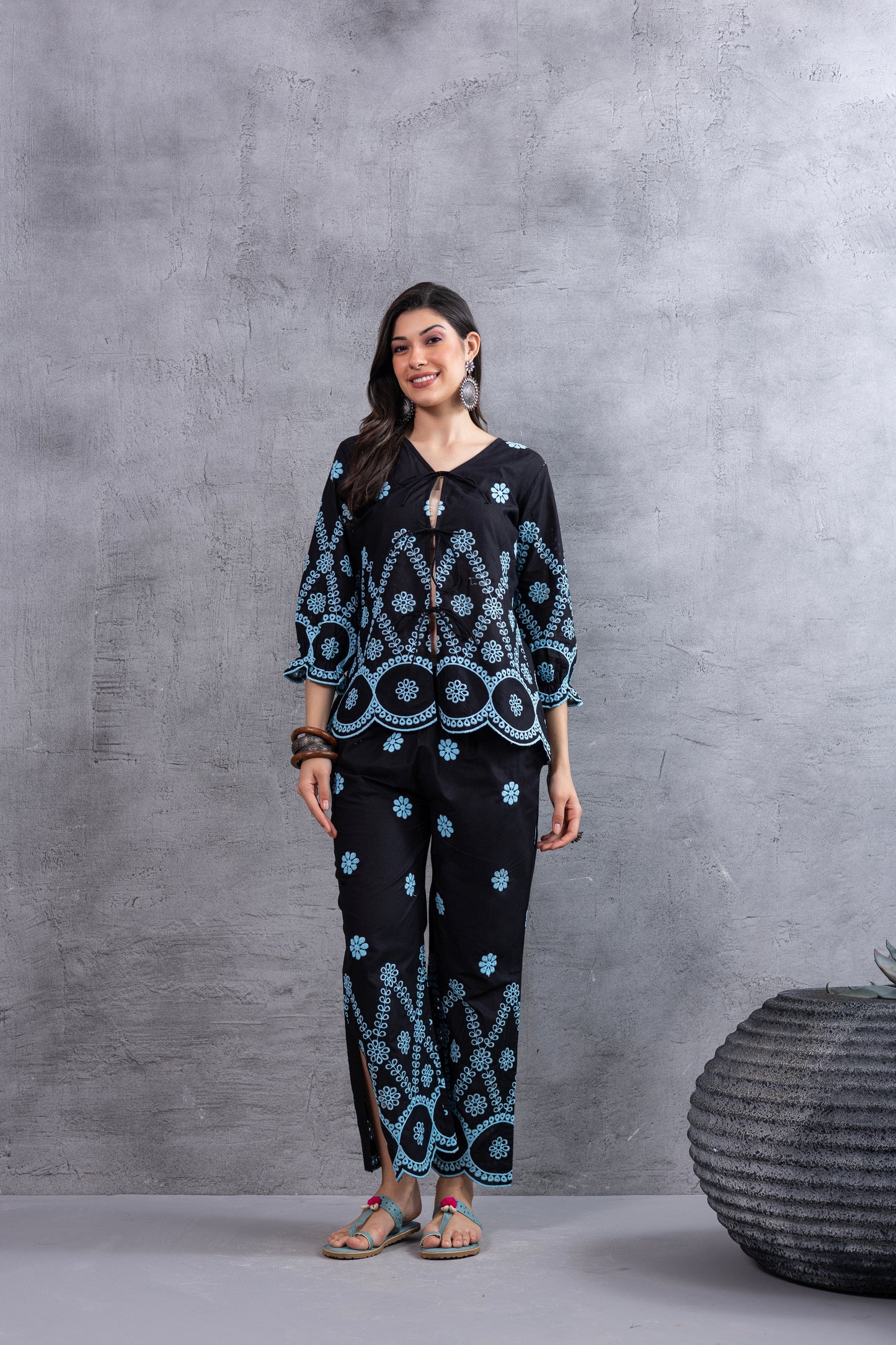 BLACK AND BLUE FLORAL EMBROIDERED CO-ORD SET