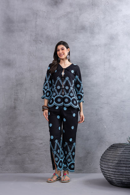 BLACK AND BLUE FLORAL EMBROIDERED CO-ORD SET