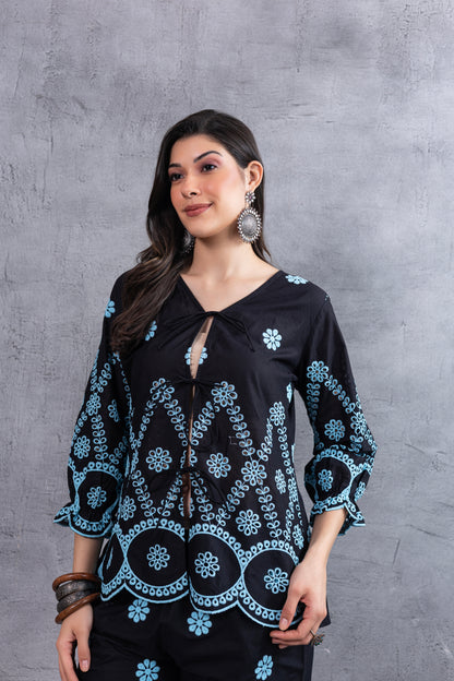 BLACK AND BLUE FLORAL EMBROIDERED CO-ORD SET