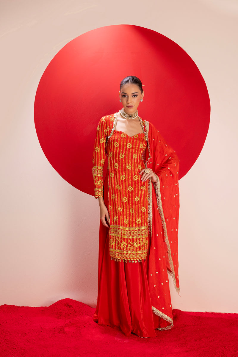 Red Gold Embroidered Kurta with Lehenga Set