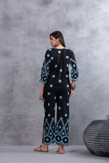 BLACK AND BLUE FLORAL EMBROIDERED CO-ORD SET