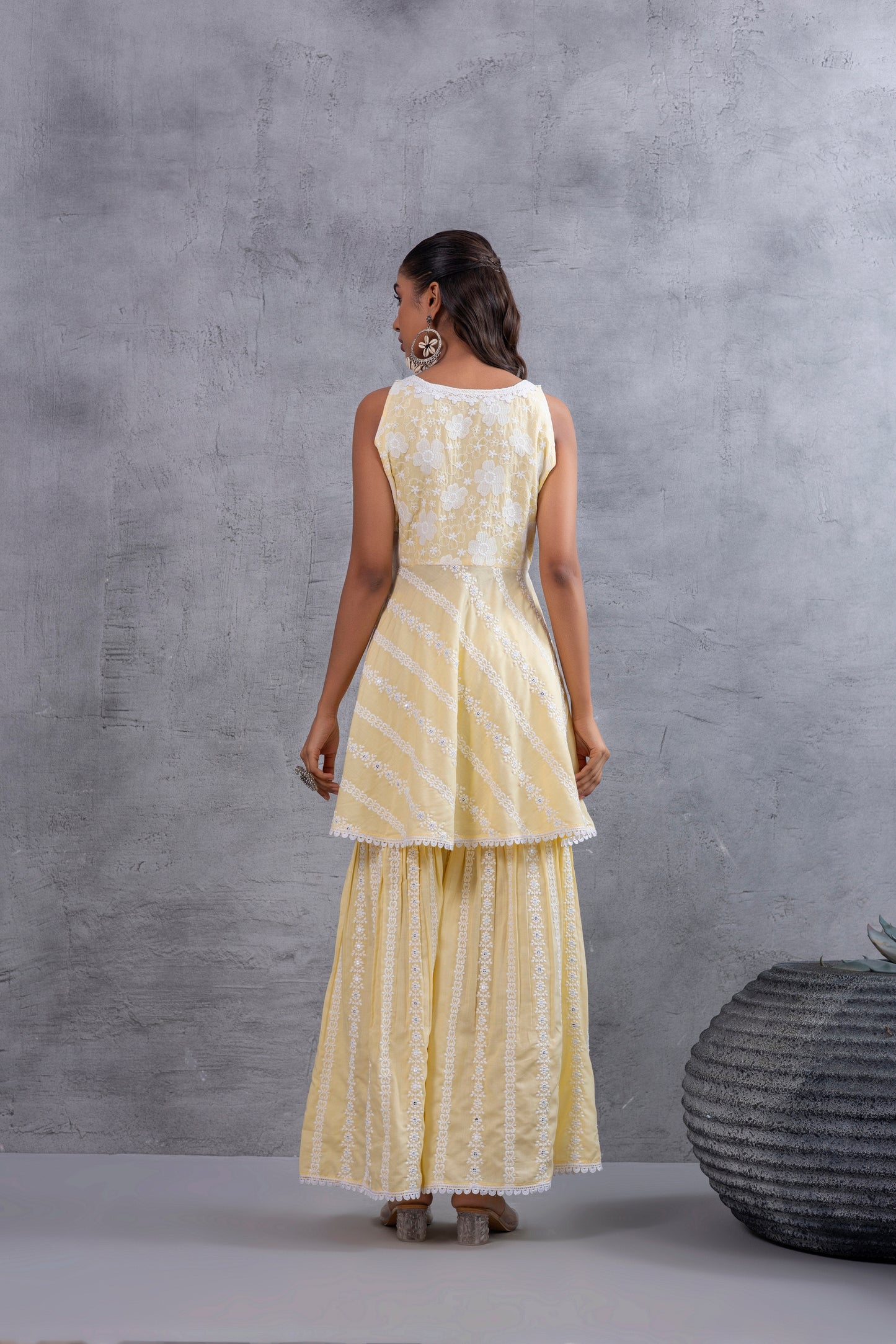 Lemon Yellow Floral Embroidered Bias Cut Kurta set