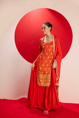 Red Gold Embroidered Kurta with Lehenga Set