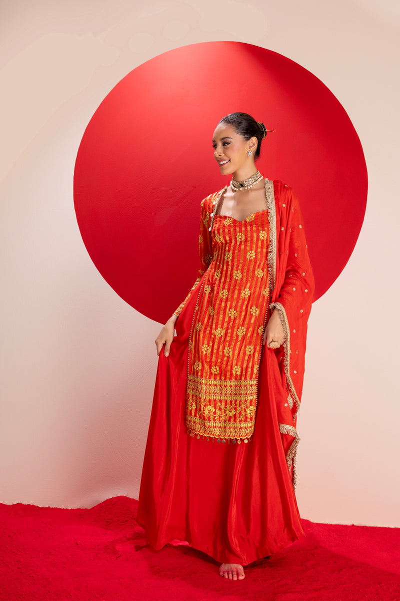 Red Gold Embroidered Kurta with Lehenga Set