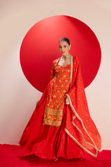 Red Gold Embroidered Kurta with Lehenga Set