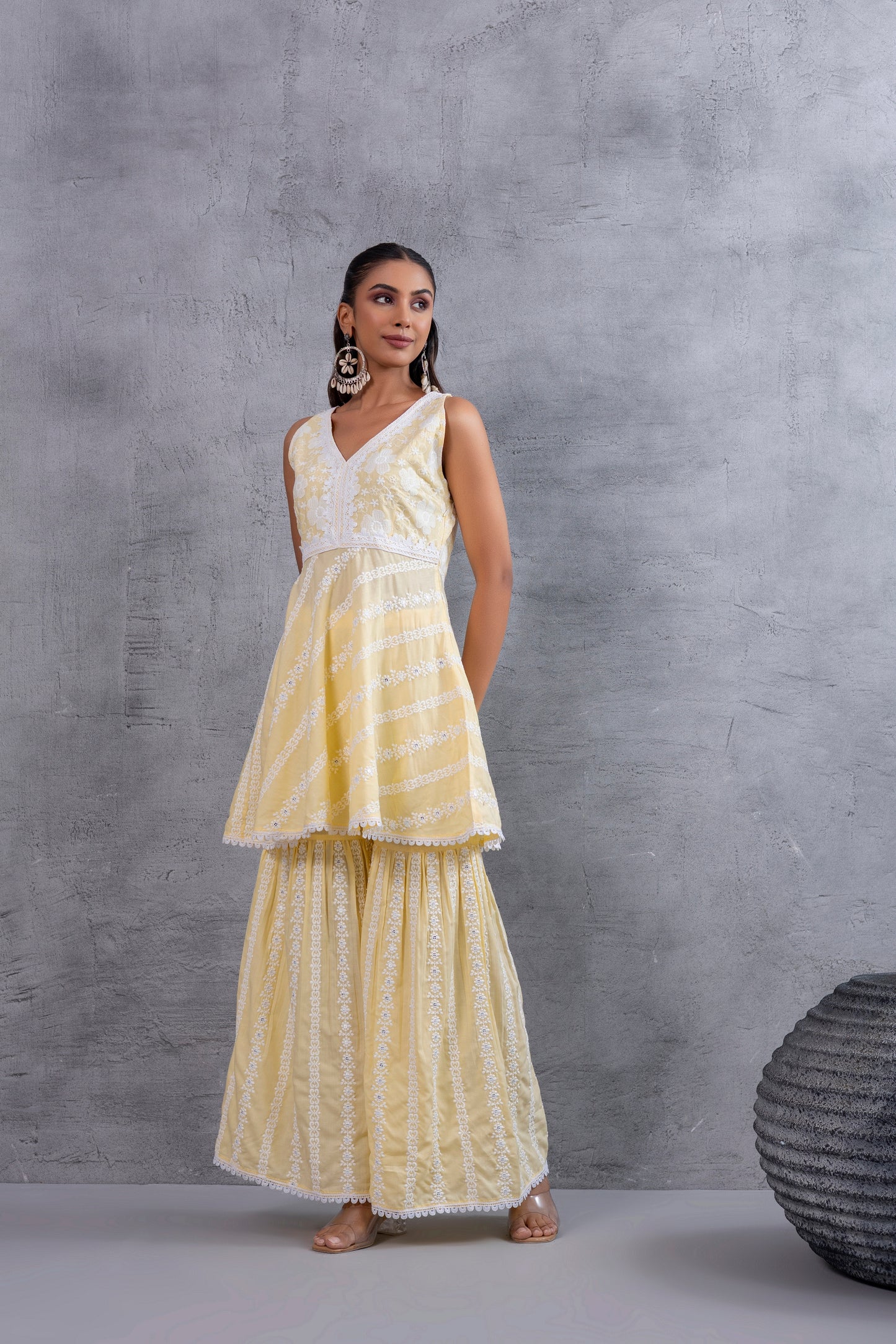 Lemon Yellow Floral Embroidered Bias Cut Kurta set