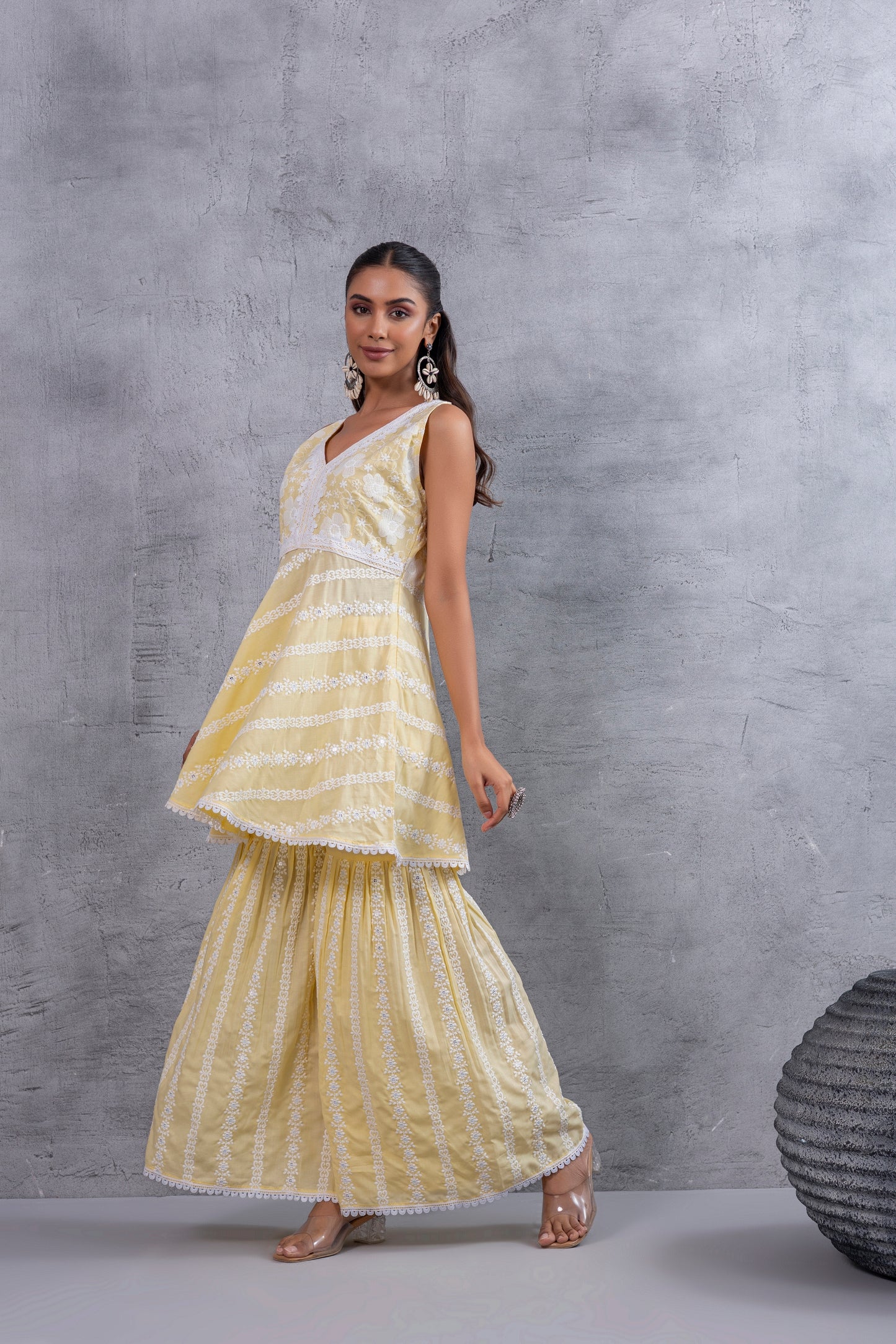Lemon Yellow Floral Embroidered Bias Cut Kurta set
