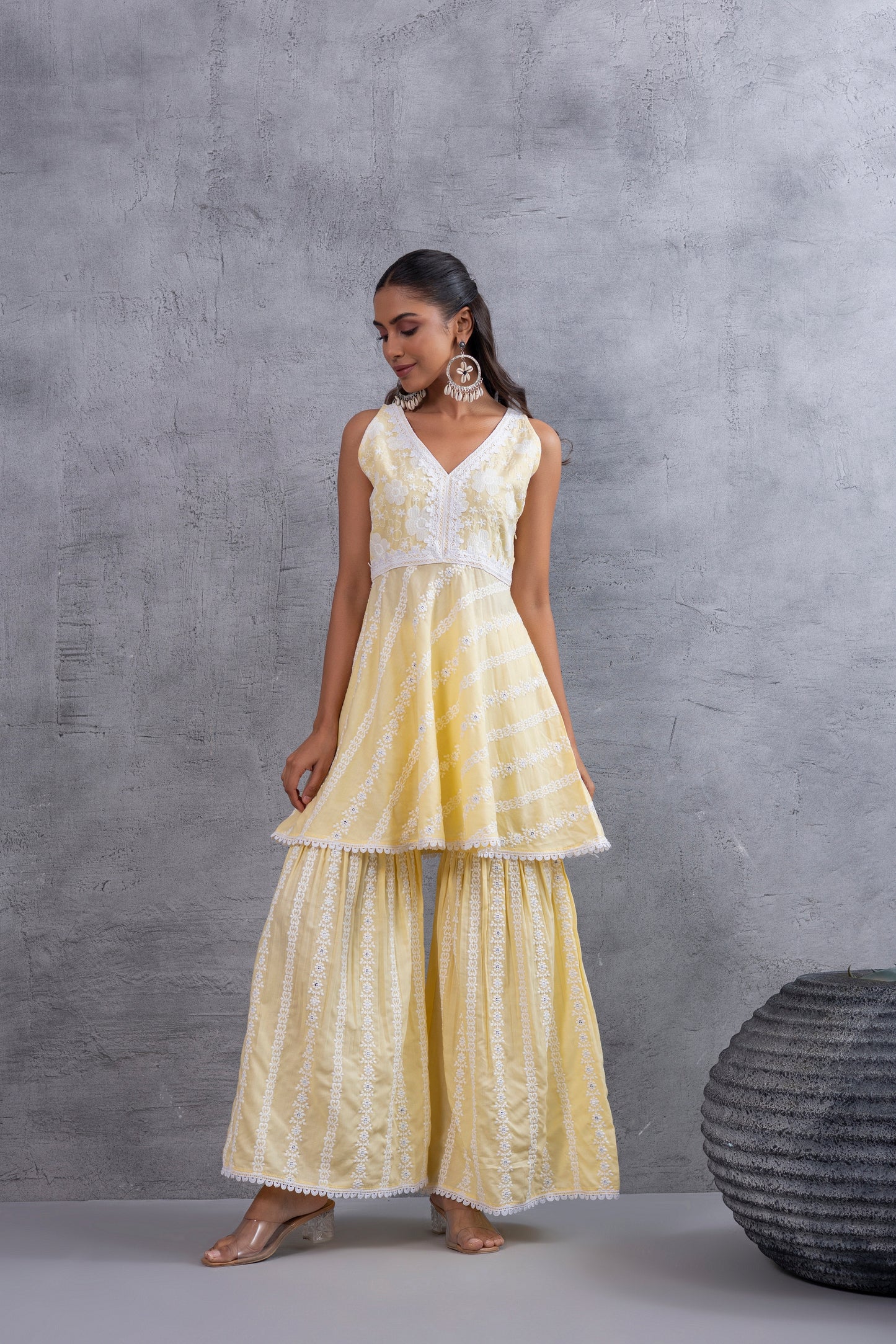 Lemon Yellow Floral Embroidered Bias Cut Kurta set