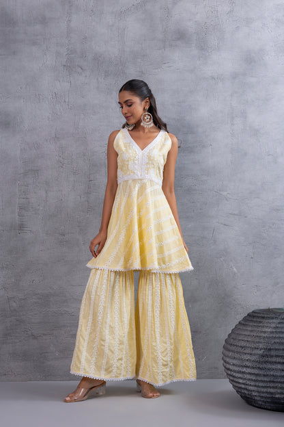 Lemon Yellow Floral Embroidered Bias Cut Kurta set