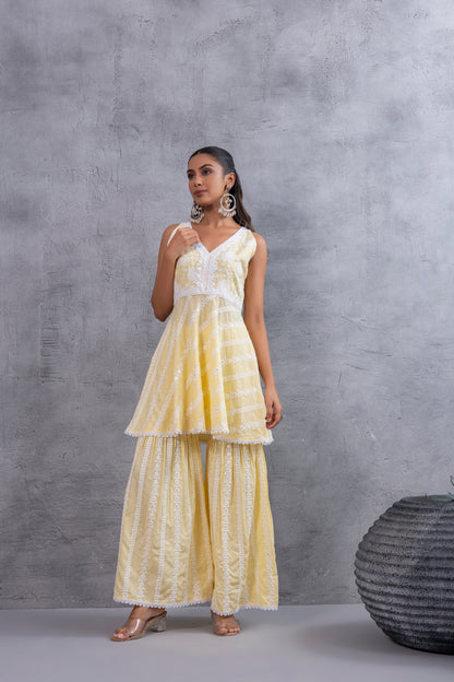 Lemon Yellow Floral Embroidered Bias Cut Kurta set