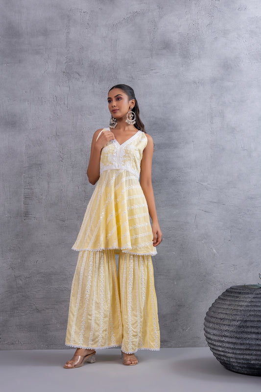 Lemon Yellow Floral Embroidered Bias Cut Kurta set