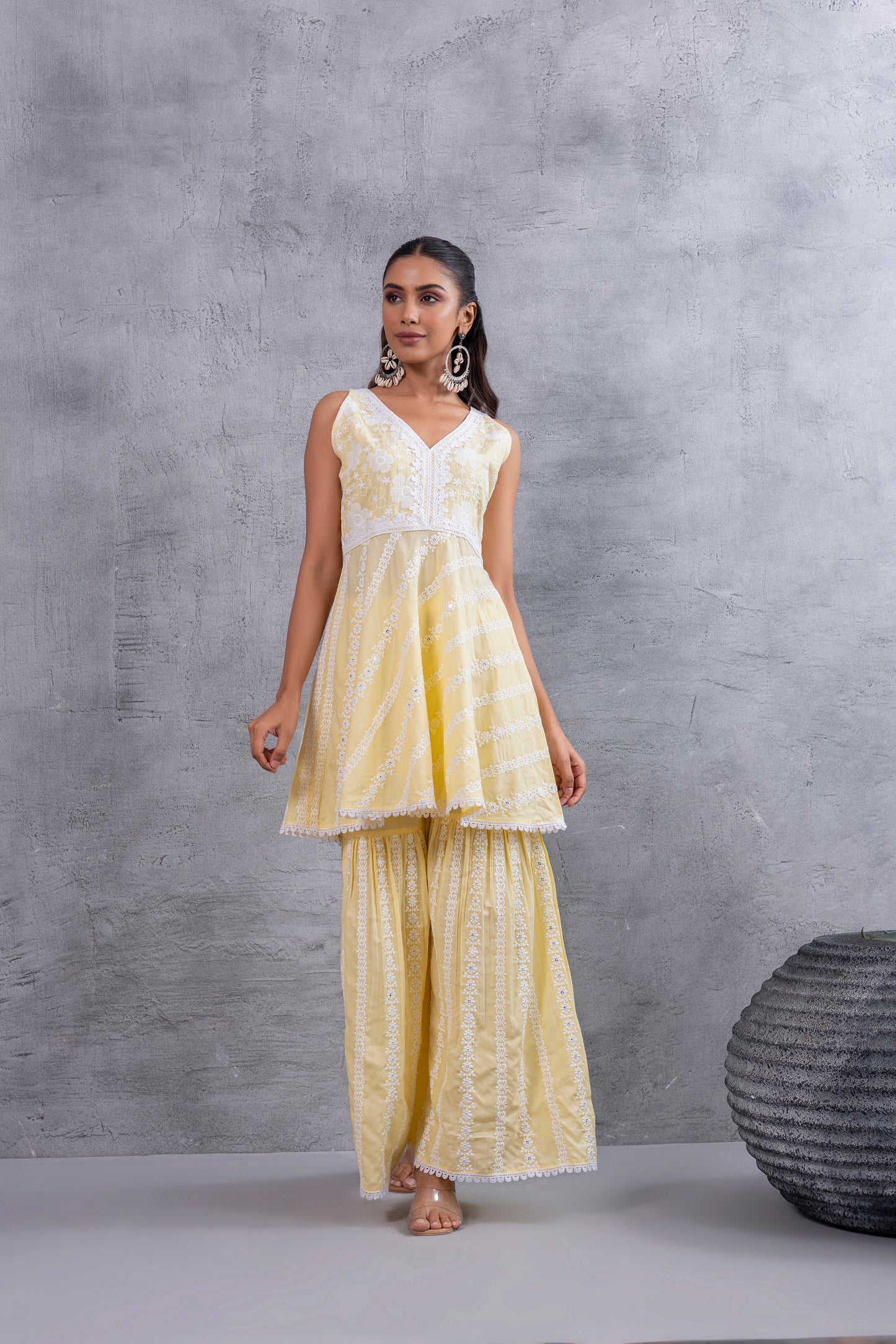 Lemon Yellow Floral Embroidered Bias Cut Kurta set