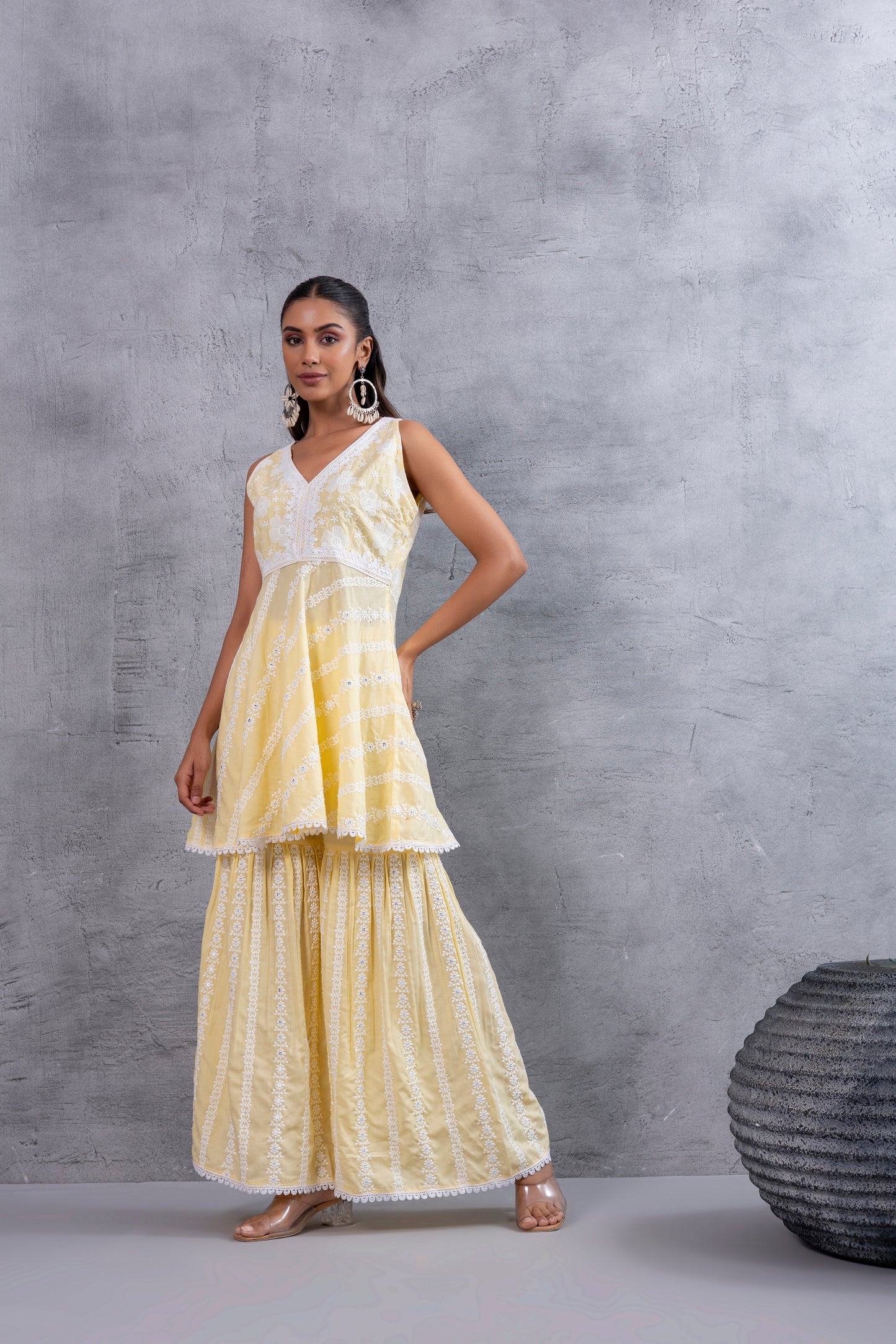 Lemon Yellow Floral Embroidered Bias Cut Kurta set