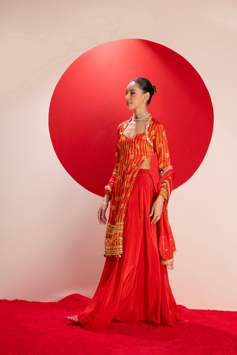 Red Gold Embroidered Kurta with Lehenga Set