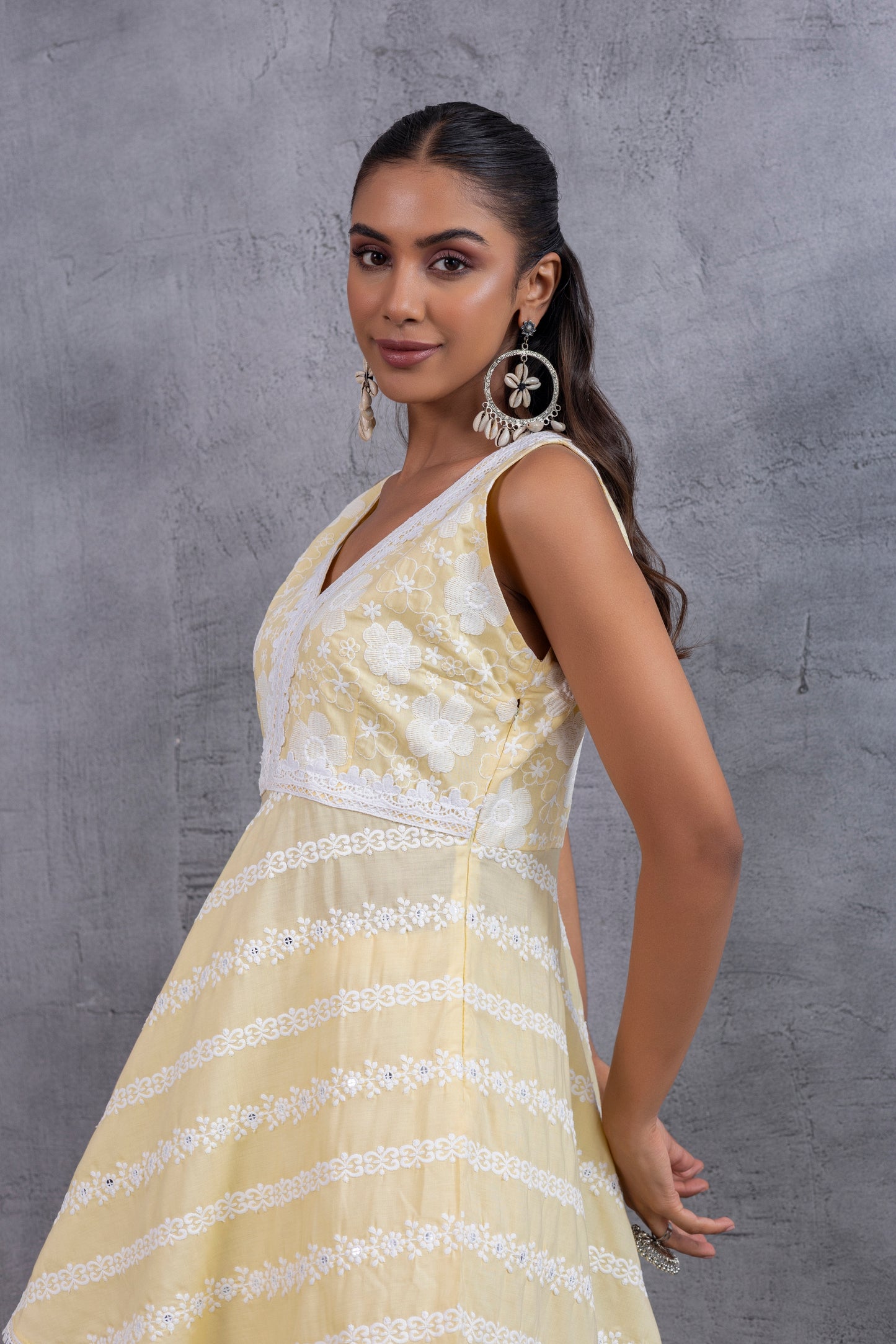 Lemon Yellow Floral Embroidered Bias Cut Kurta set