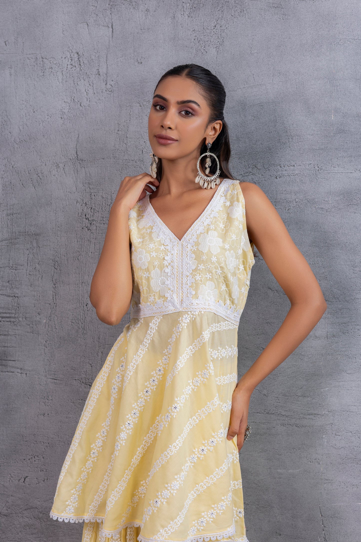 Lemon Yellow Floral Embroidered Bias Cut Kurta set