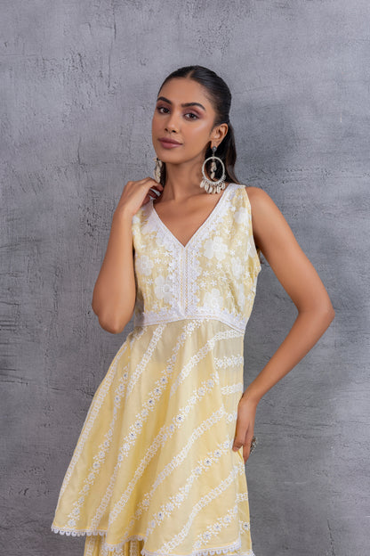 Lemon Yellow Floral Embroidered Bias Cut Kurta set
