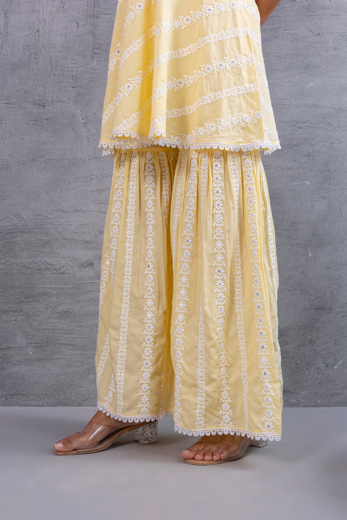 Lemon Yellow Floral Embroidered Bias Cut Kurta set