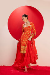 Red Gold Embroidered Kurta with Lehenga Set