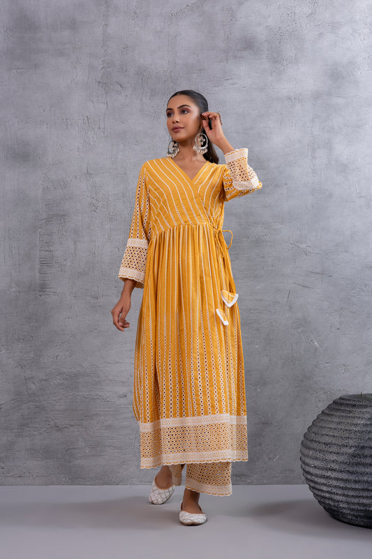 Mustard Angrakha Style Chikankari Kurta set