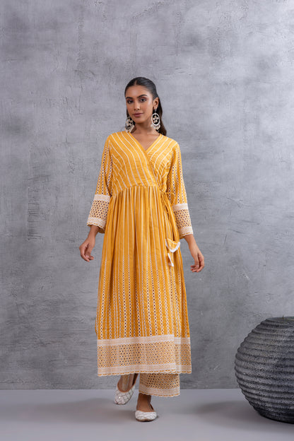 Mustard Angrakha Style Chikankari Kurta set