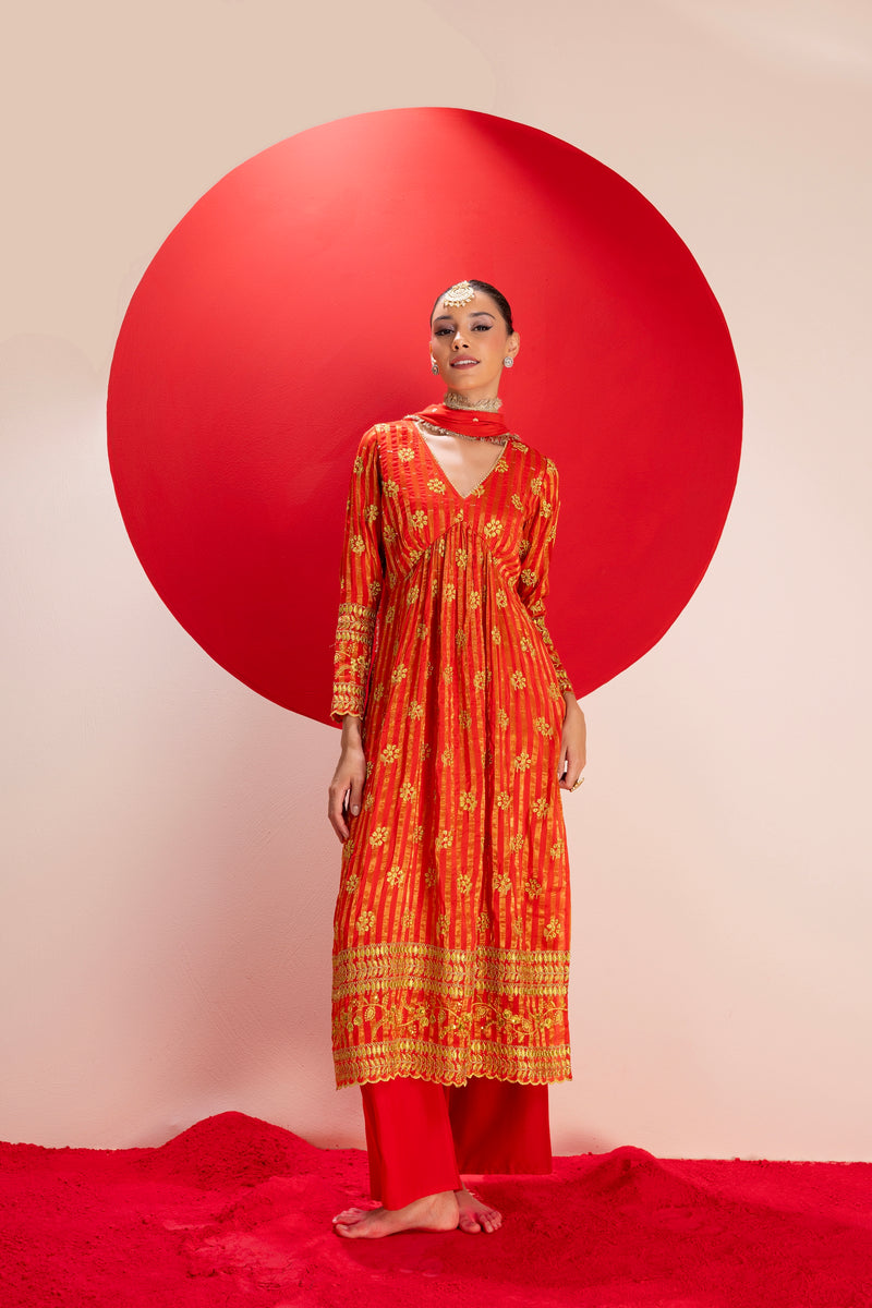 Red and Gold Viscose Silk Embroidered Suit Set