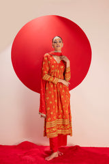 Red and Gold Viscose Silk Embroidered Suit Set