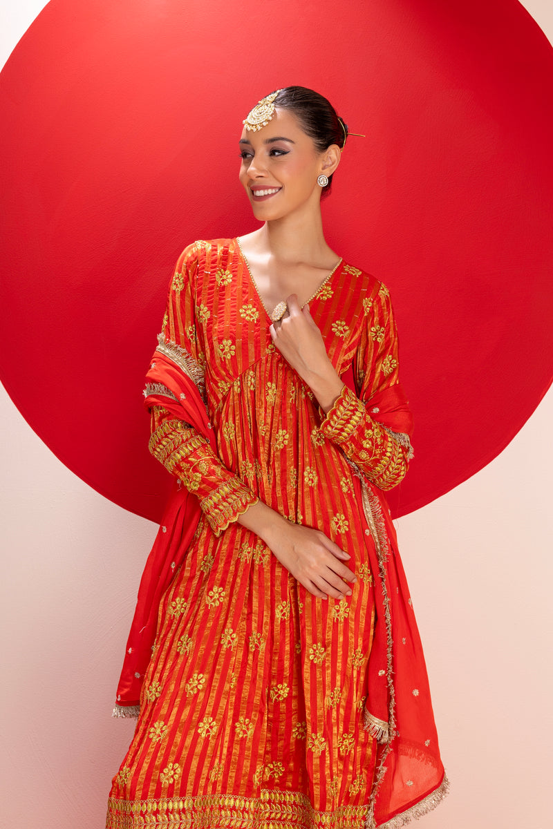 Red and Gold Viscose Silk Embroidered Suit Set