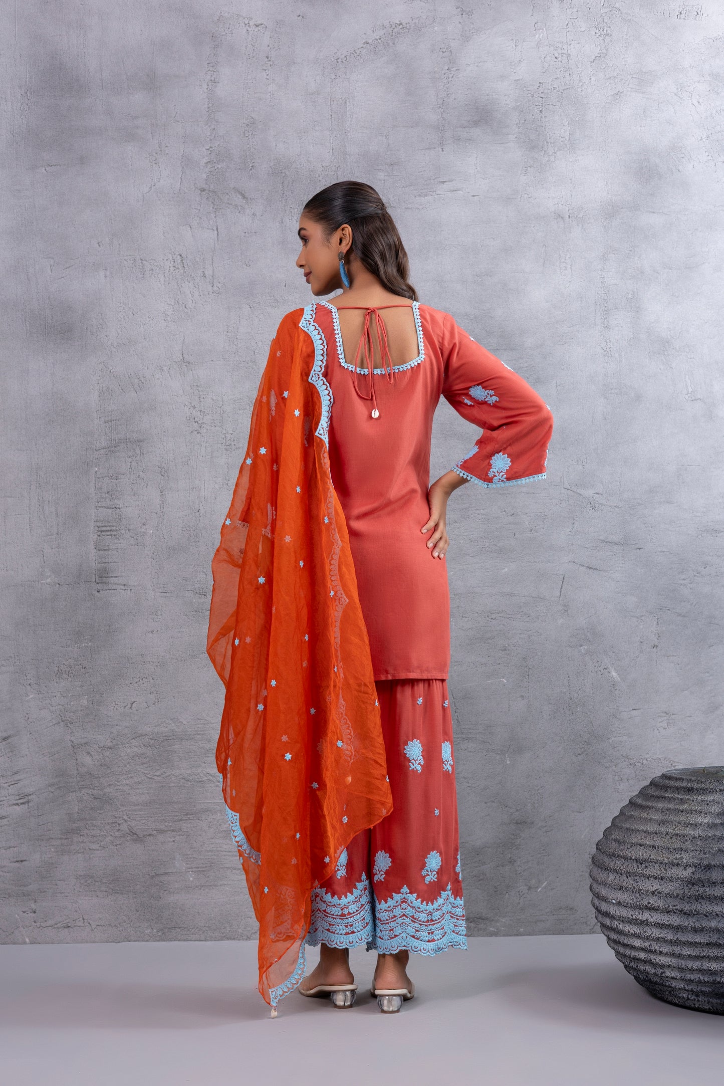 RUST ORANGE BLUE EMBROIDERED SUIT SET