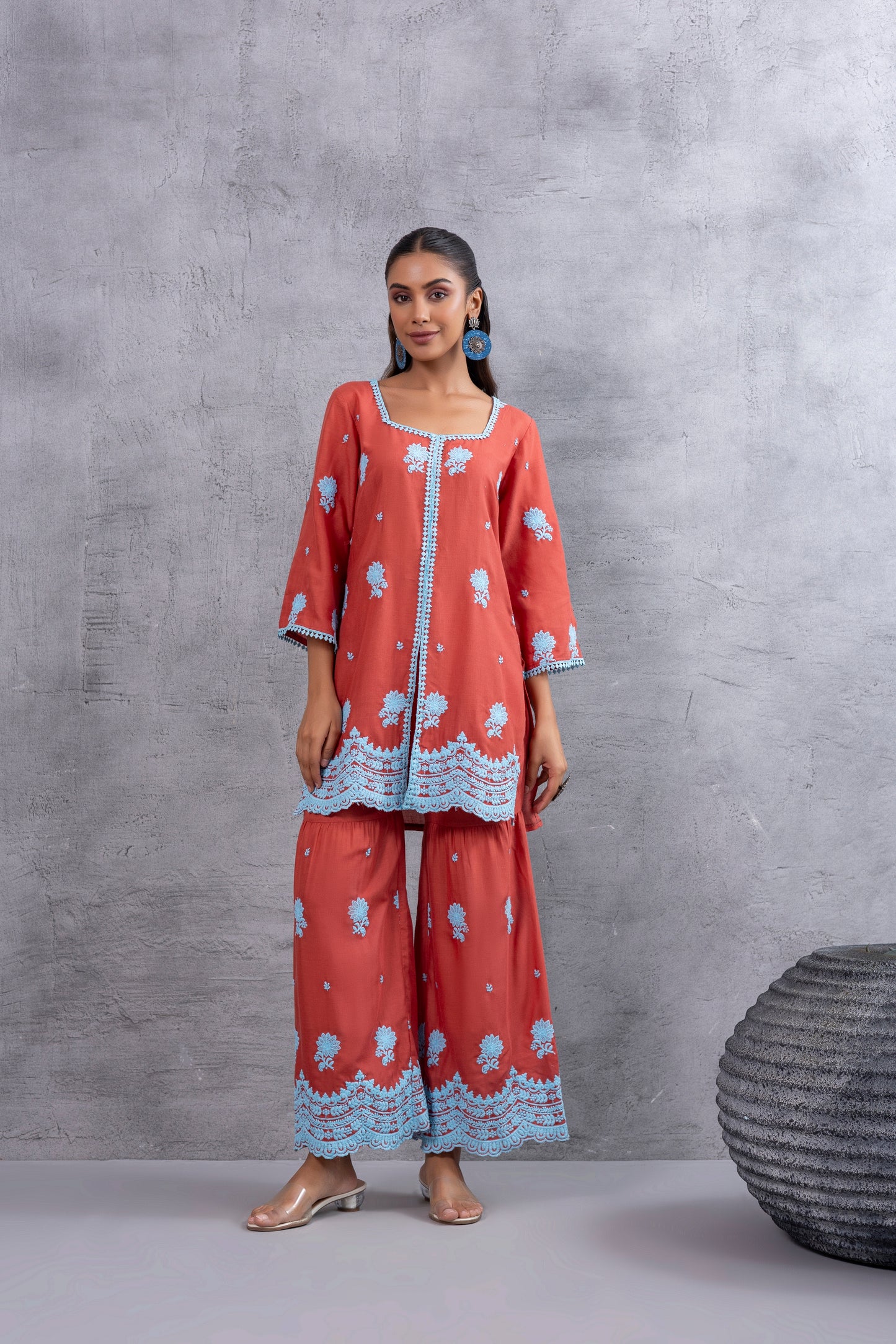 RUST ORANGE BLUE EMBROIDERED SUIT SET
