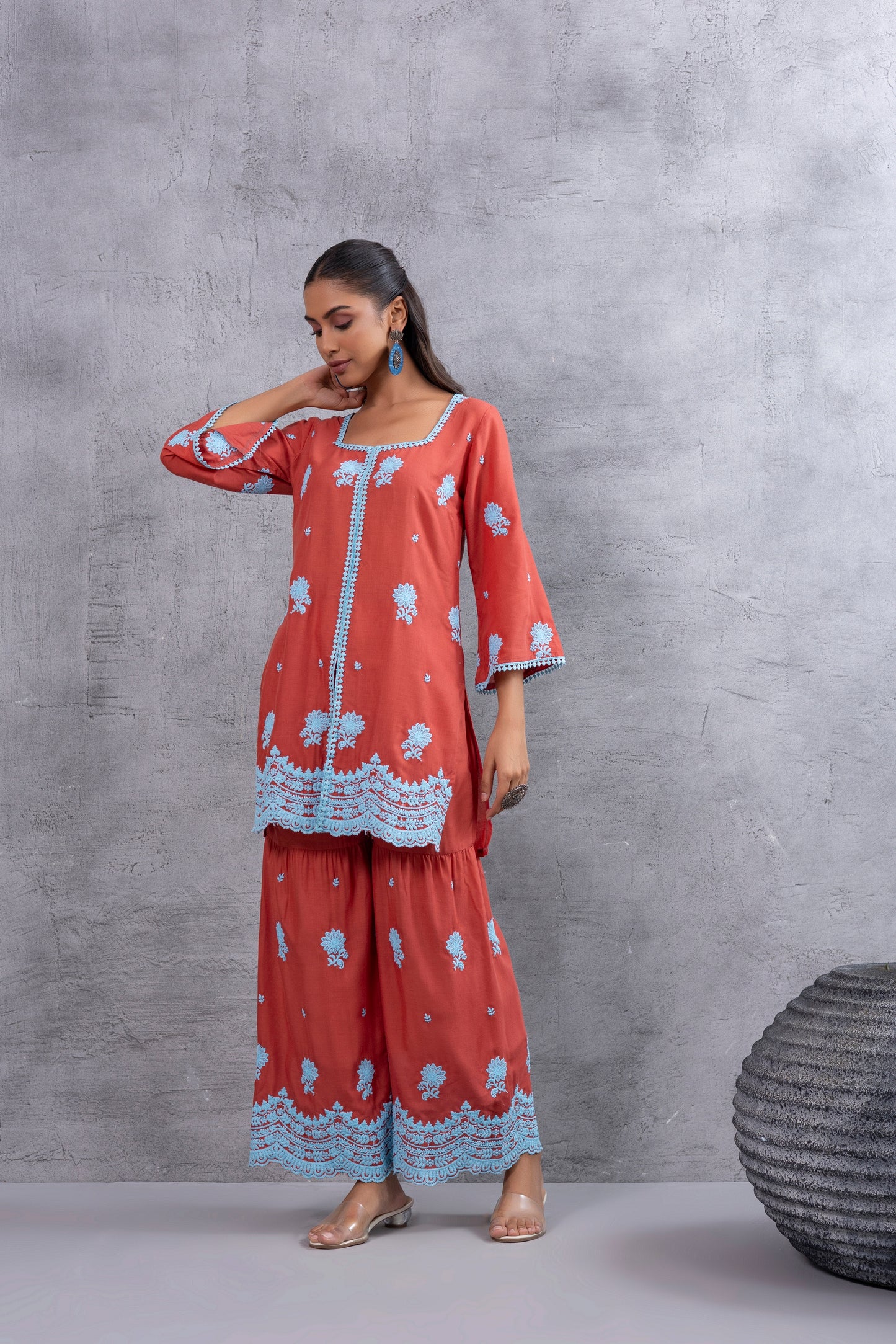 RUST ORANGE BLUE EMBROIDERED SUIT SET