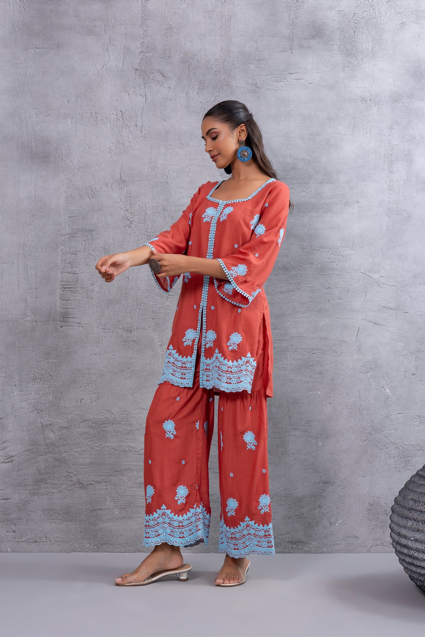RUST ORANGE BLUE EMBROIDERED SUIT SET