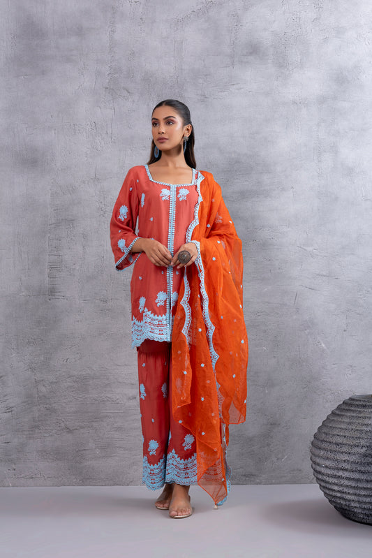 RUST ORANGE BLUE EMBROIDERED SUIT SET