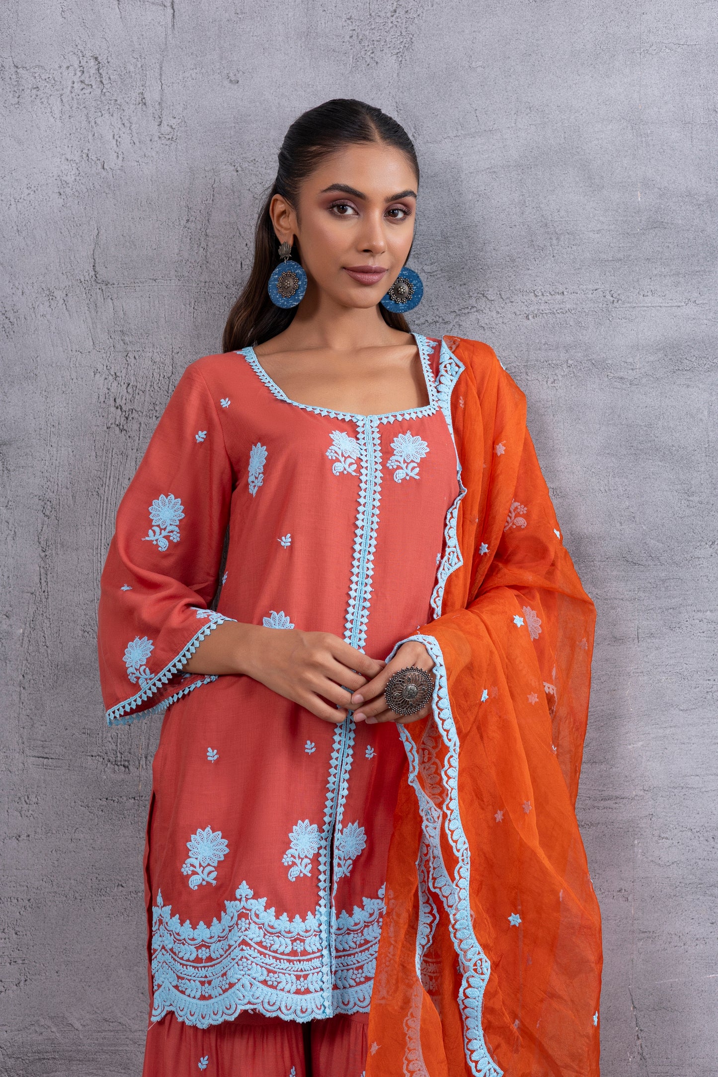 RUST ORANGE BLUE EMBROIDERED SUIT SET