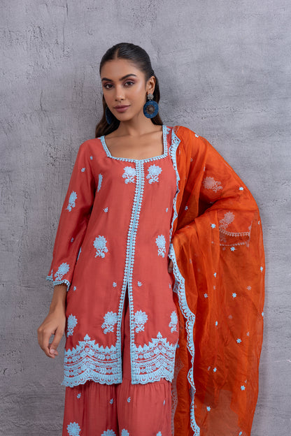 RUST ORANGE BLUE EMBROIDERED SUIT SET