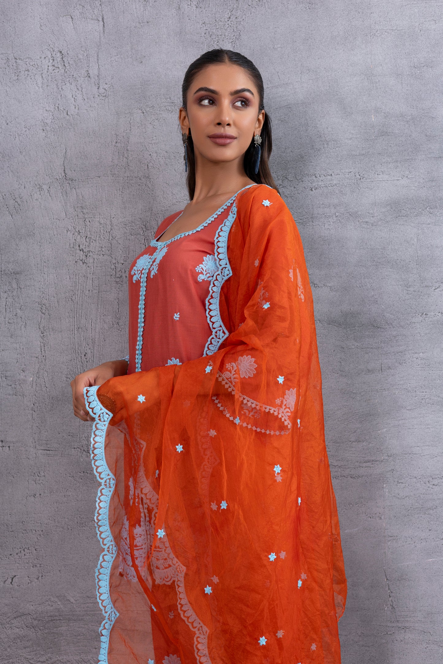 RUST ORANGE BLUE EMBROIDERED SUIT SET