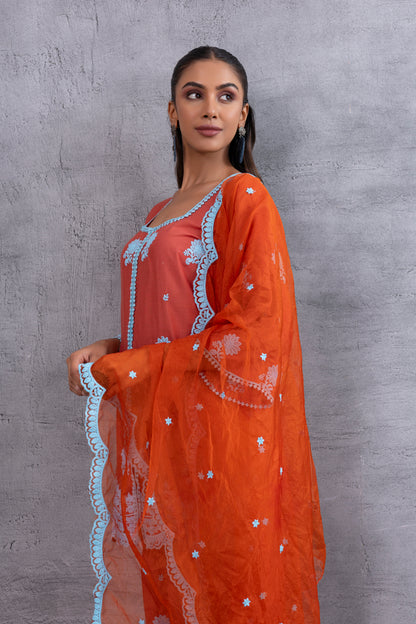 RUST ORANGE BLUE EMBROIDERED SUIT SET