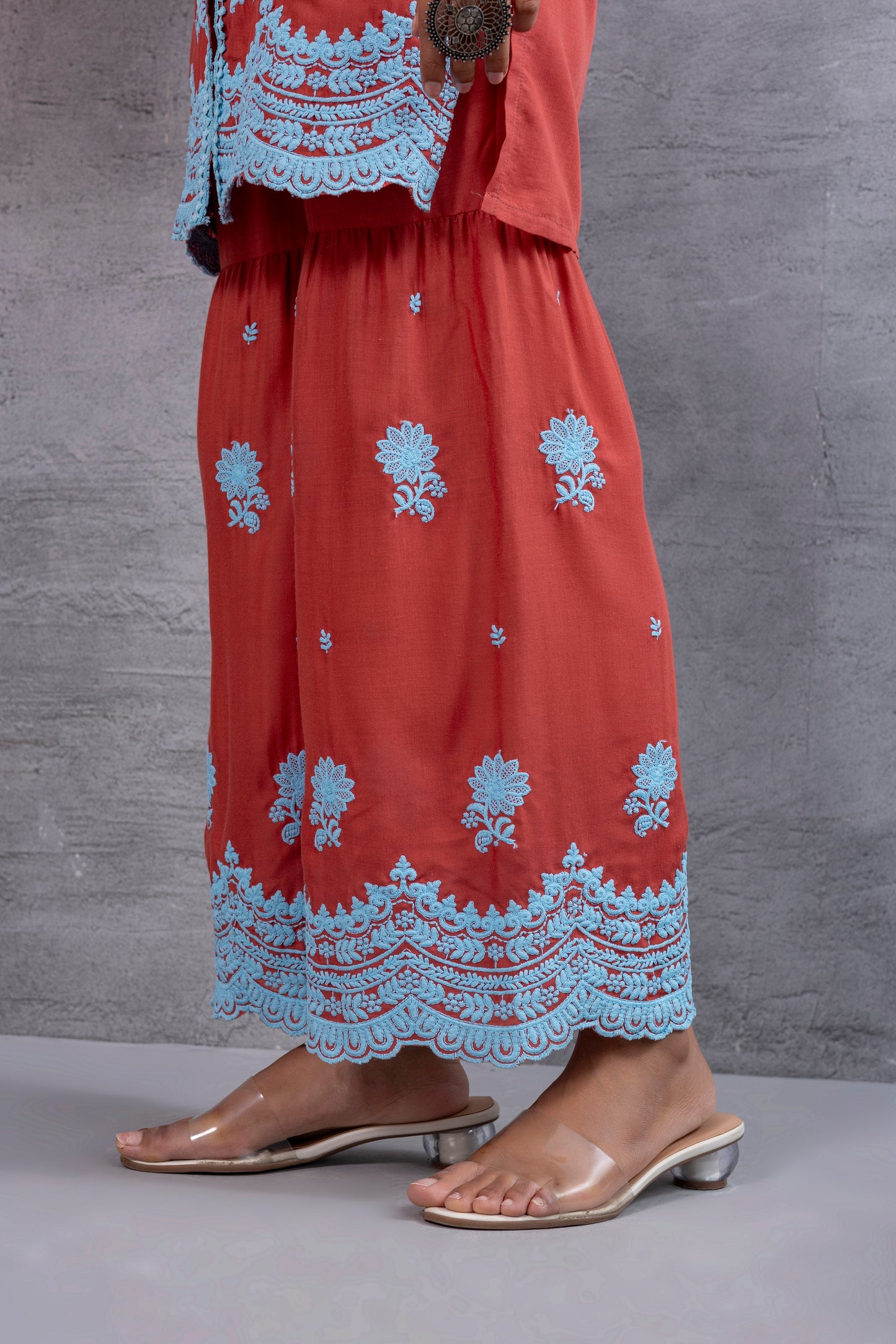RUST ORANGE BLUE EMBROIDERED SUIT SET
