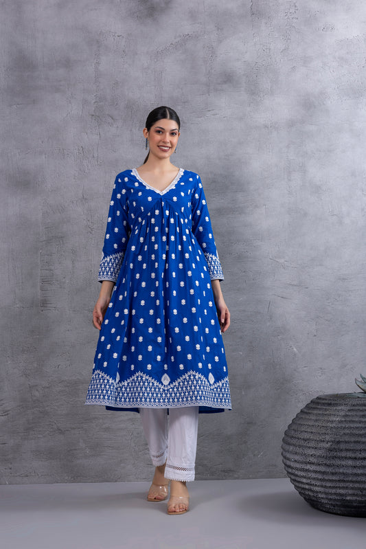 Royal Blue White Embroidered Kurta Set